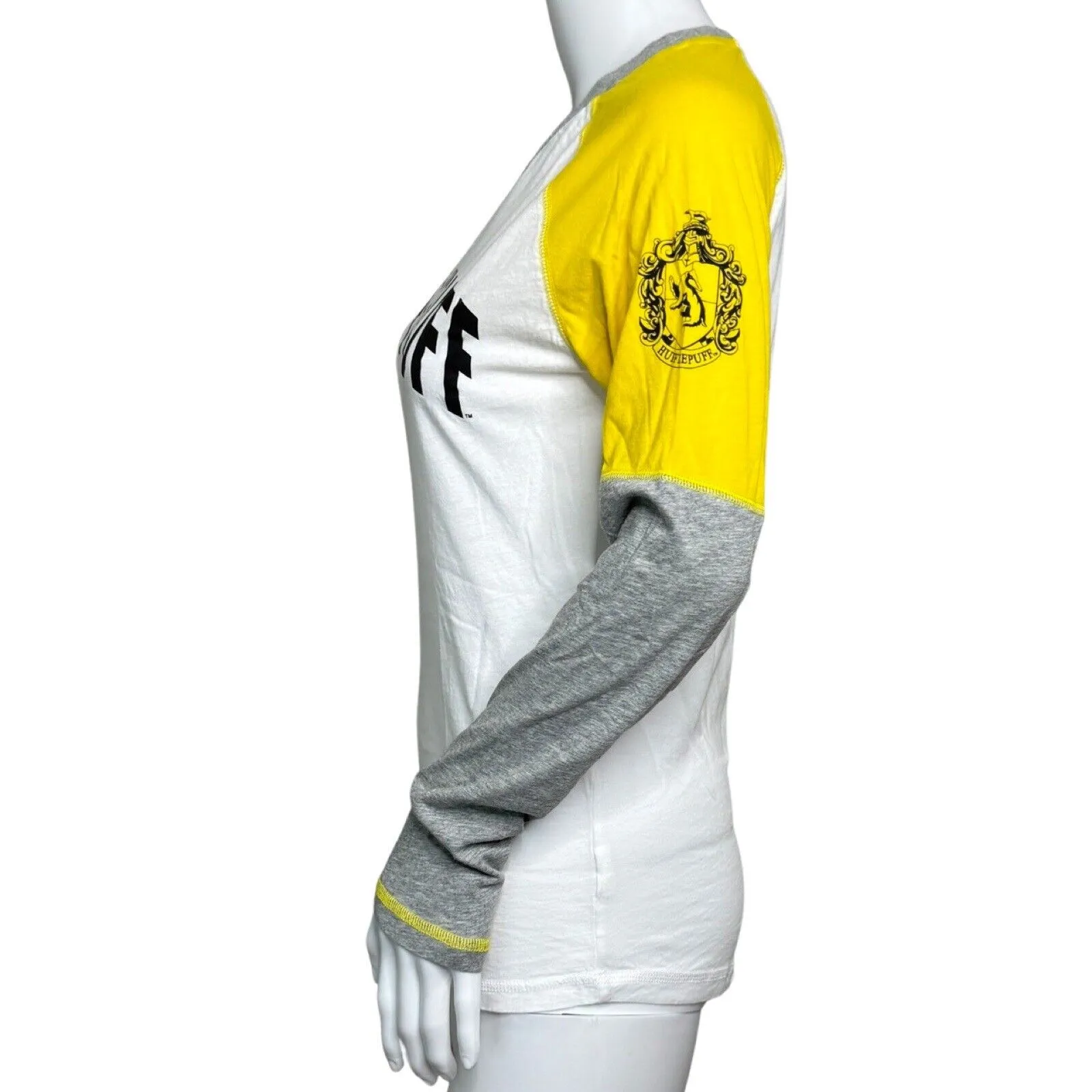 Harry Potter Shirt Women Medium Hugglepuff Raglan Tee Gray White Hogwarts Casual - Image 3