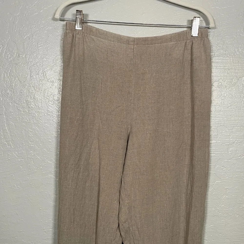 Flax Women M Beige Tan Linen Pants Loose Fit Elastic Waist Pull On Lagenlook - Image 3