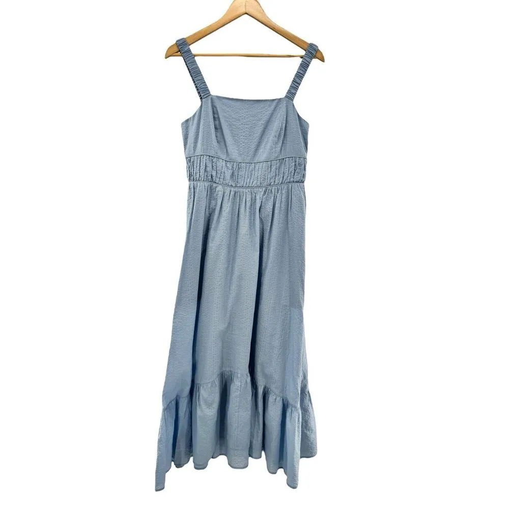Ayr The Happy Hour Midi Dress Seersucker 100% Cotton Blue Size M Pockets Smocked - Image 2