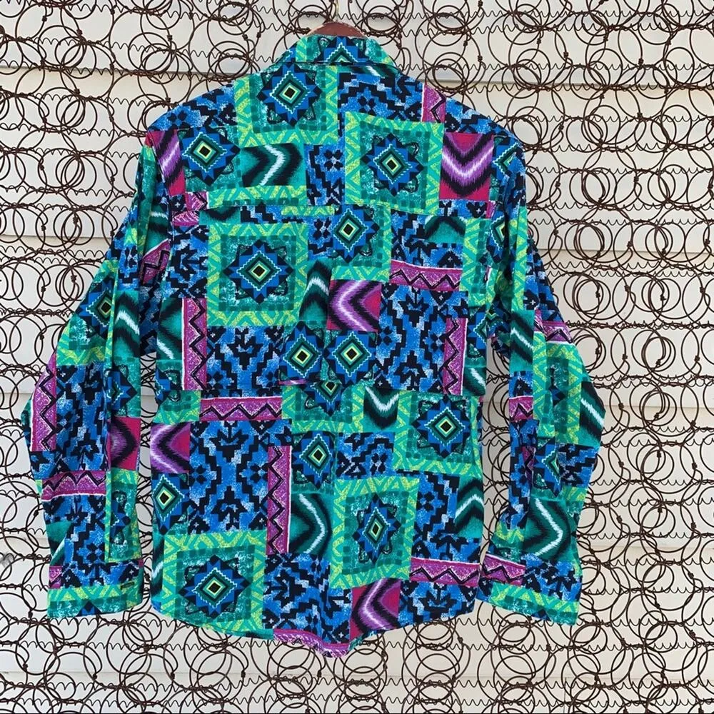Vintage 80s 90s neon abstract geometric western cowgirl shirt MEDIUM Green - Image 4