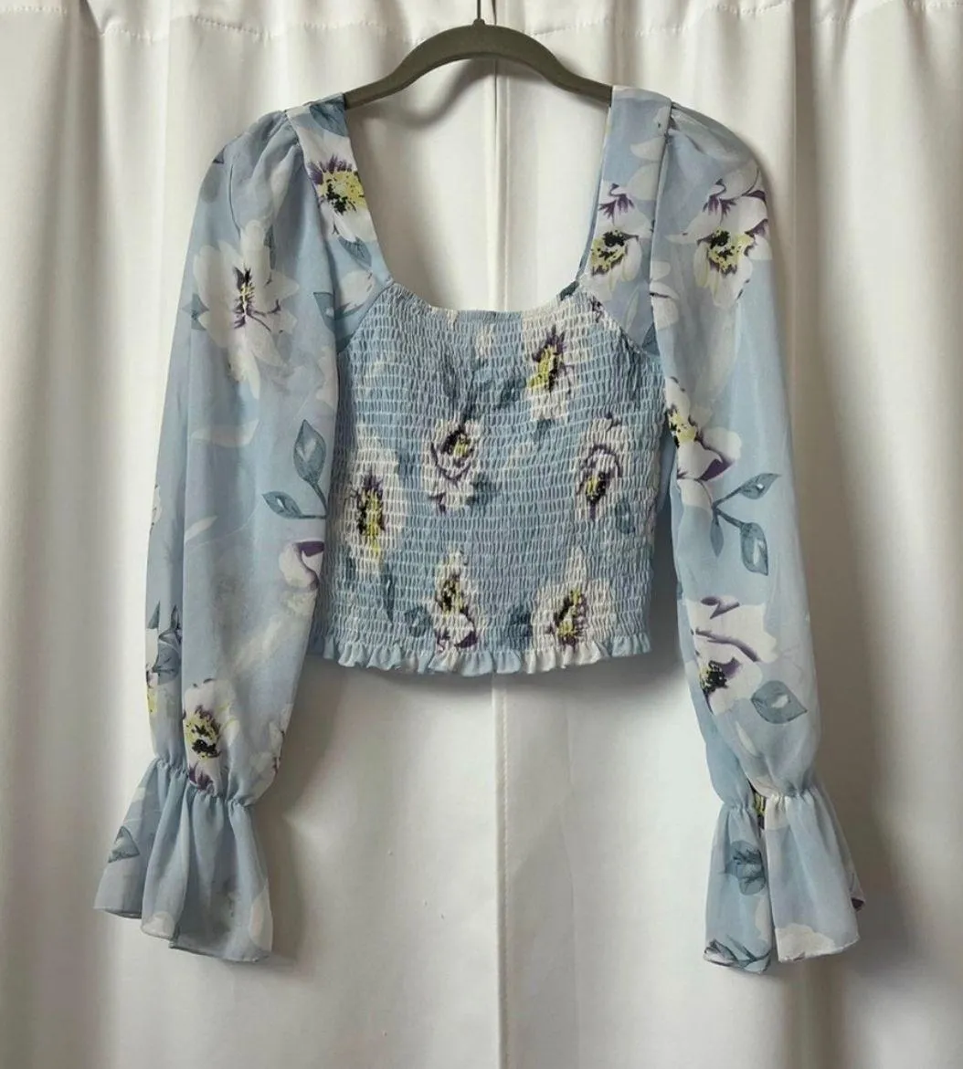  Blue Floral Chiffon Long Sleeve Ruffle Sleeve Top Size Medium - Image 2