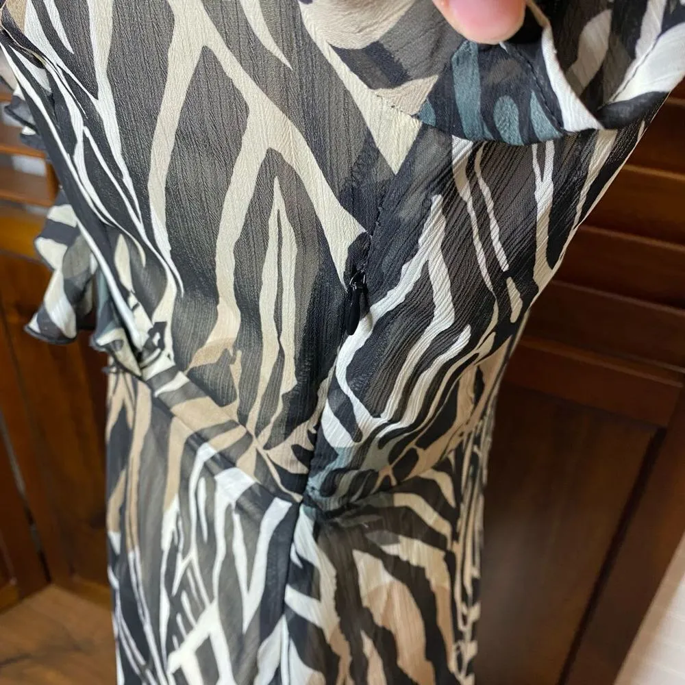 Dress Barn Zebra Animal Print Sheer Ruffle V Neck Midi Dress - Image 6