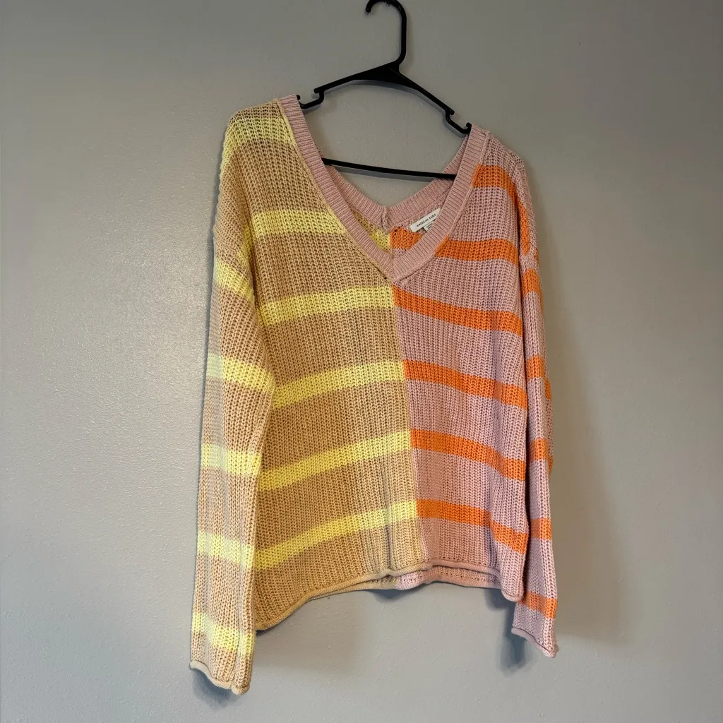 American Eagle Striped Yellow and Orange V Neck Sweater - Image 3