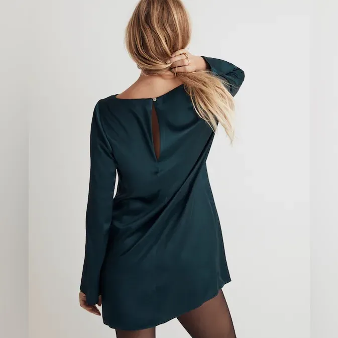 MADEWELL Long Bell Sleeve Satin Shift Dress in Smoky Spruce, Medium - Image 3