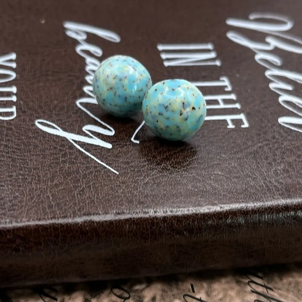 Vintage Cyan Sky Blue Speckled Round Resin Stainless Steel Cabochon Earrings - Image 2