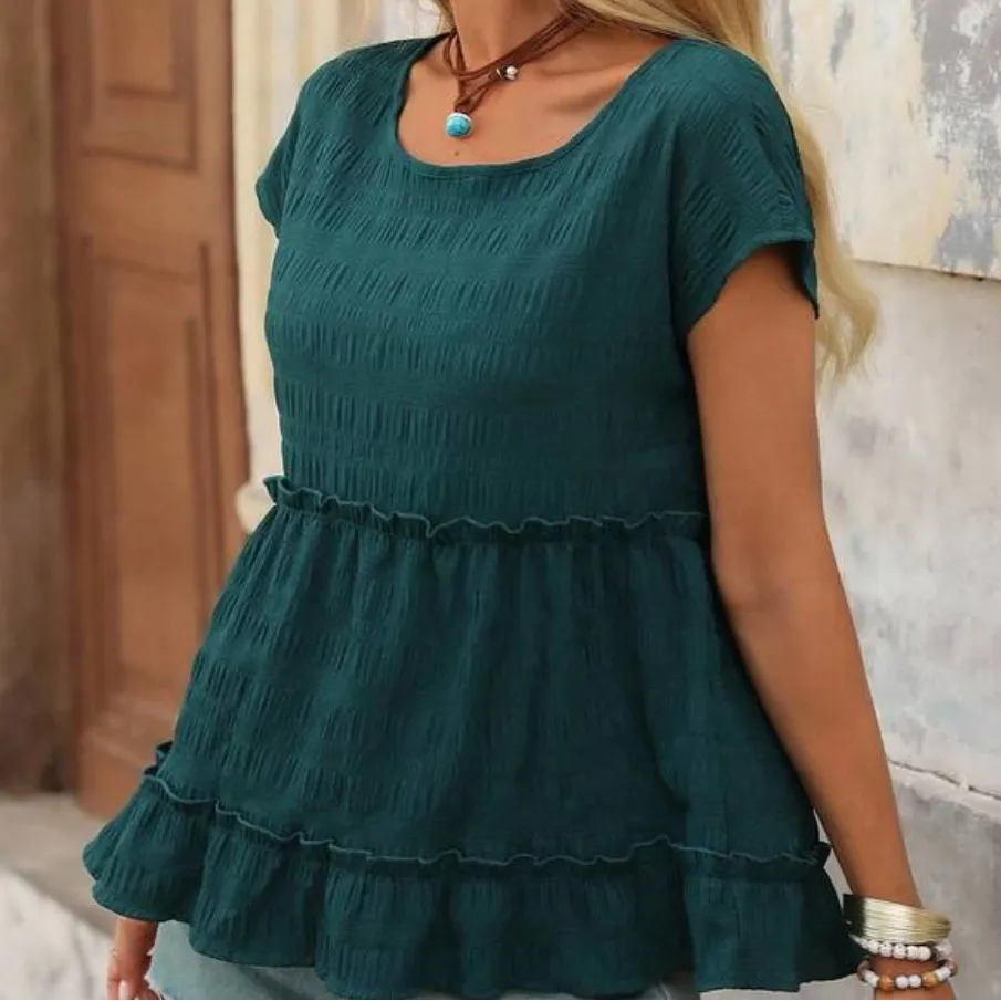 Sleeve Ruffle Hem Blouse,Short Sleeve Tops - Image 3