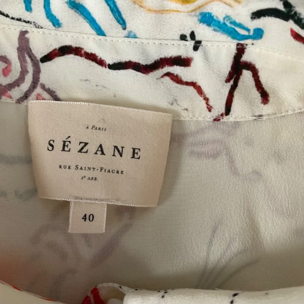 RARE Sezane Ann silk shirt  zodiac multicolor pink blue red sz40 US8 bust41 - Image 3