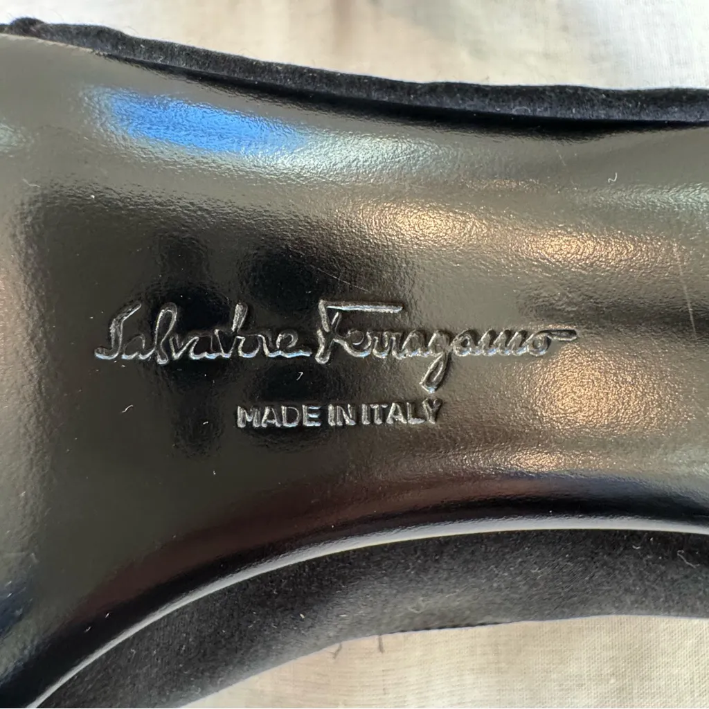 Salvatore Ferragamo “Societe” black satin peep toe pumps size 6 - Image 5