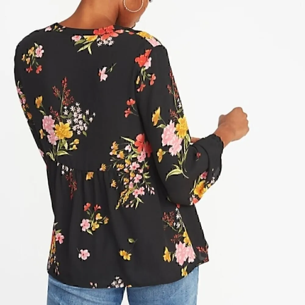 OLD NAVY Floral Print Georgette Swing Blouse Black Multi Long Sleeve Boho Top - Image 3