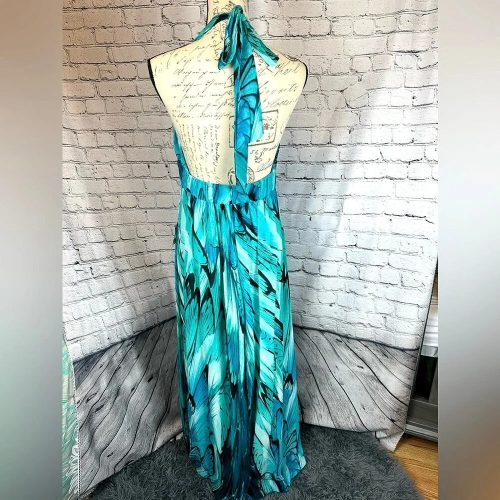 Bisou Bisou Halter Top Teal Blue Waterfall Gown - Size 14 - Image 7