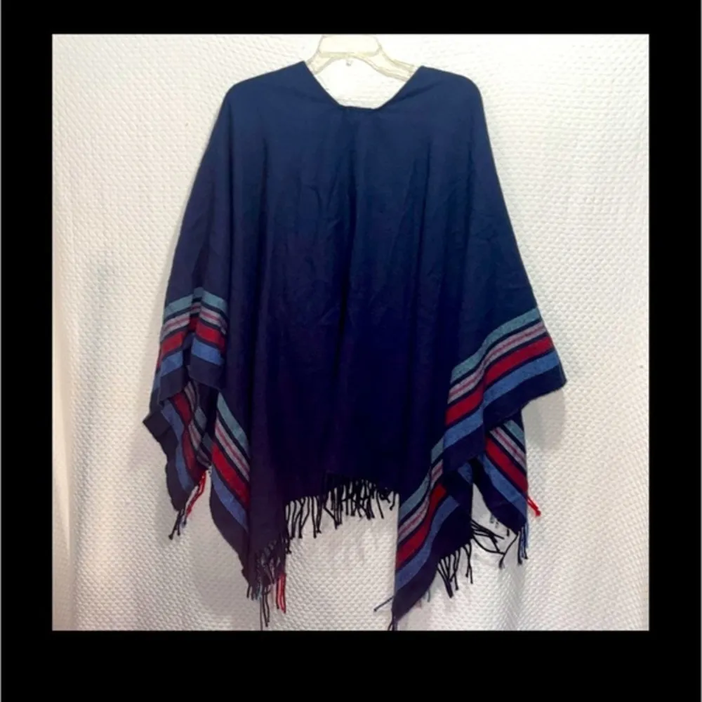 Aerie One Size Cotton Poncho Shawl Blue Red White Stripe Fringe Guaze Clip Boho. - Image 12