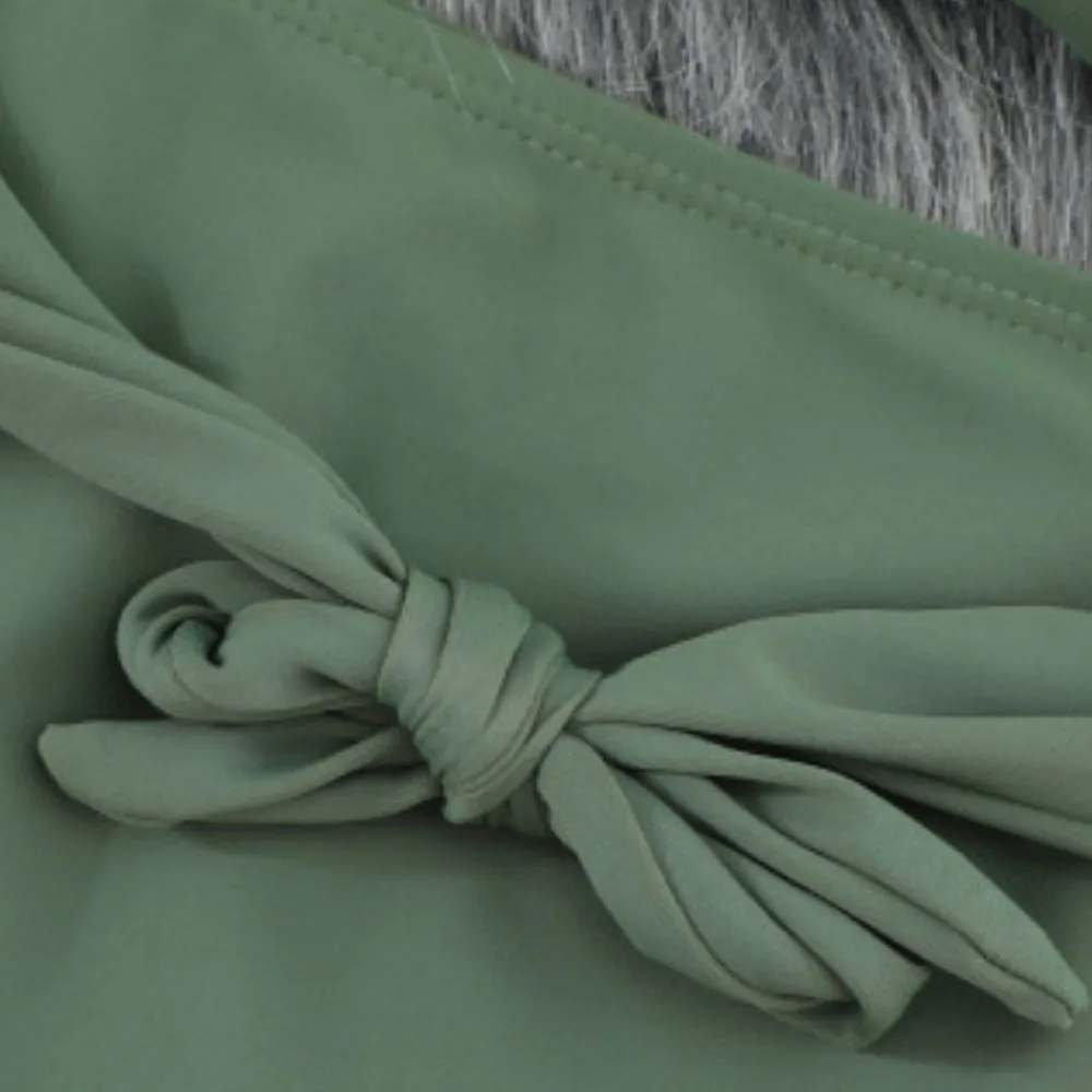 Olive Green 2 Piece Bathing Suit Bubble Sleeve Top High Waisted Belted Bottoms Size XL - Image 6