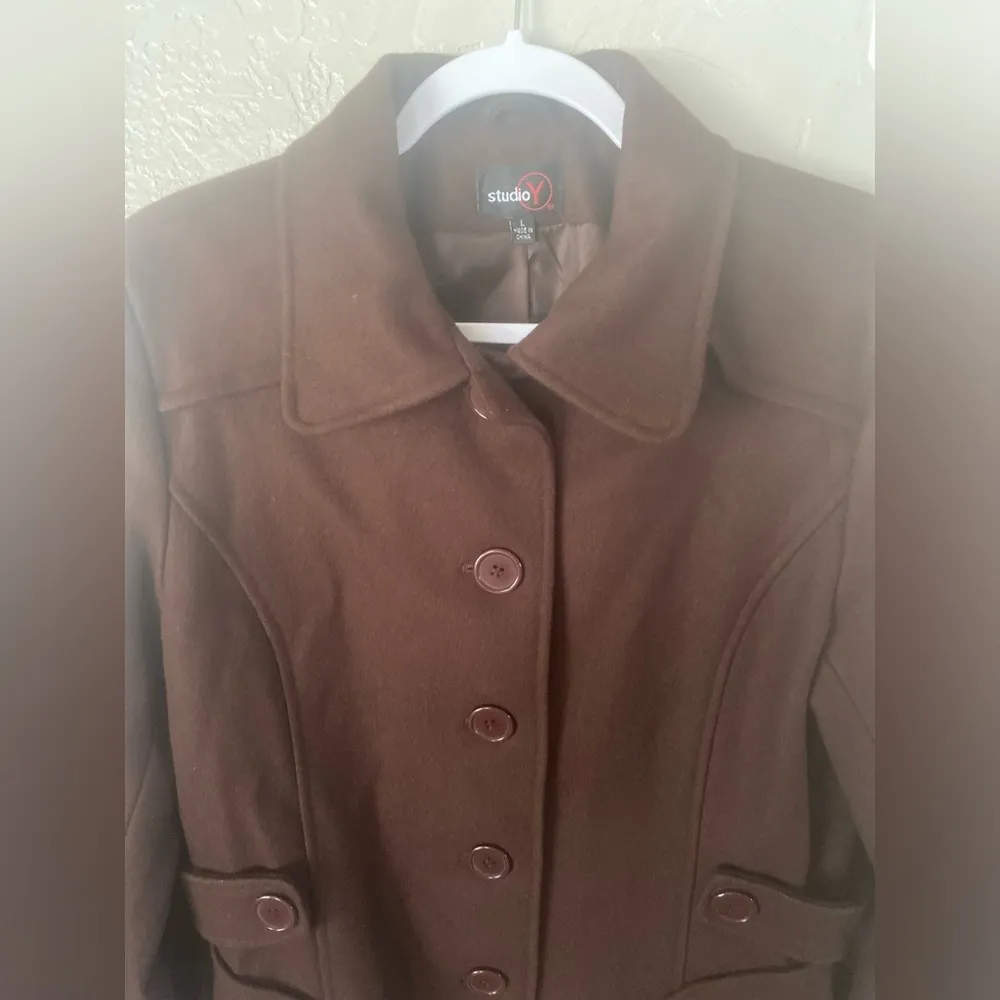Y2K Peacoat Chocolate Brown L Pea Coat Lined Wool Blend Studio Y Brand - Image 3