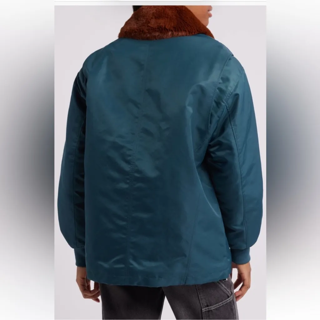 Anthropologie Blank‎ NYC Faux Fur Collar Bomber Jacket Teal Full Zip Small NWT - Image 2