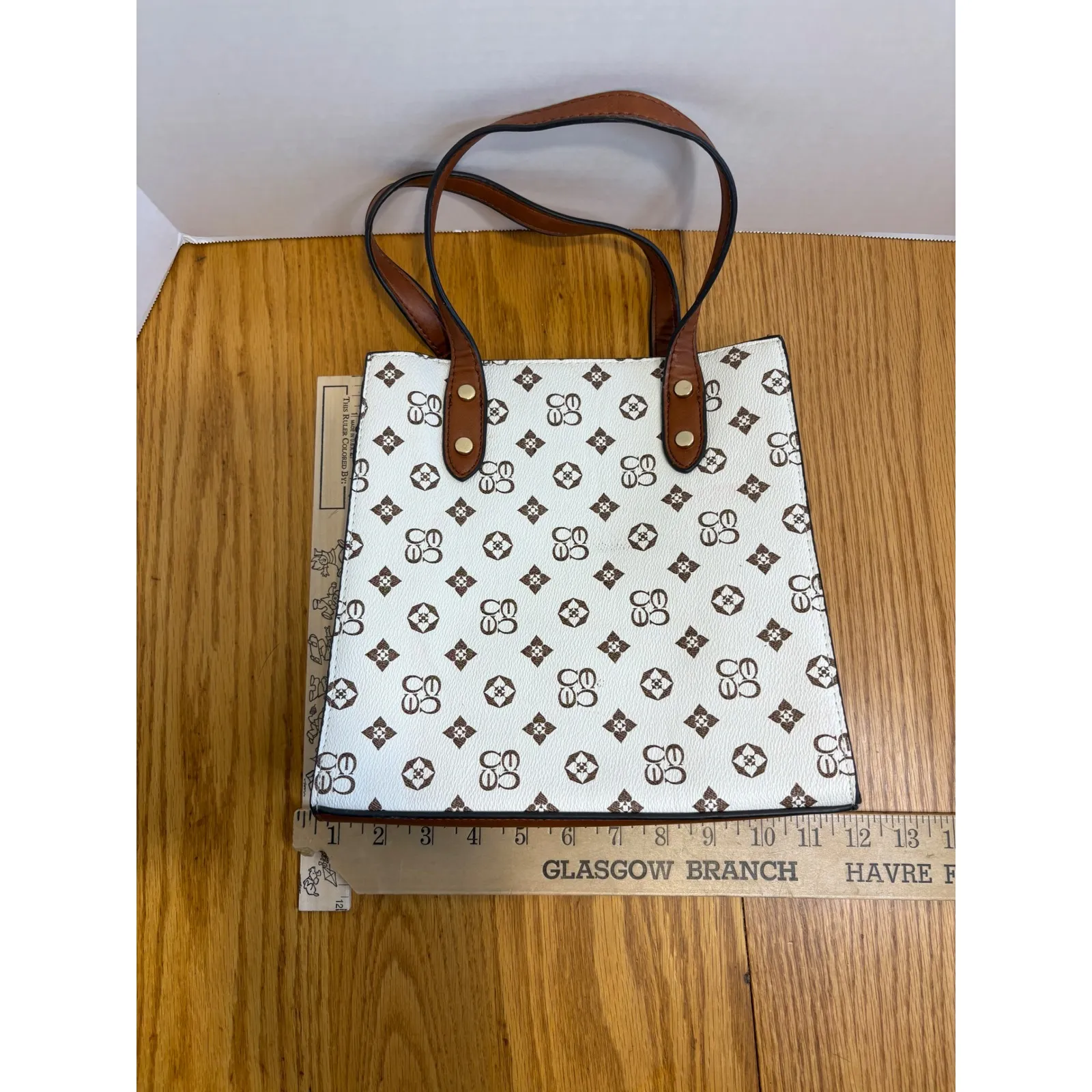 Brown‎ & White Monogram Mini Tote Bag Faux Leather Structured Satchel Purse - Image 11