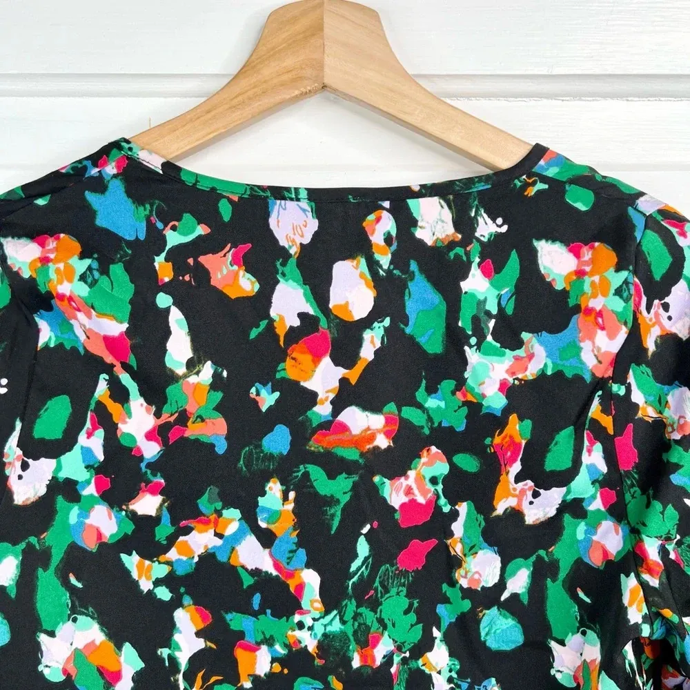 Open Edit  Abstract Tie Front Bell Sleeve Blouse Multicolor Size S NWOT - Image 6