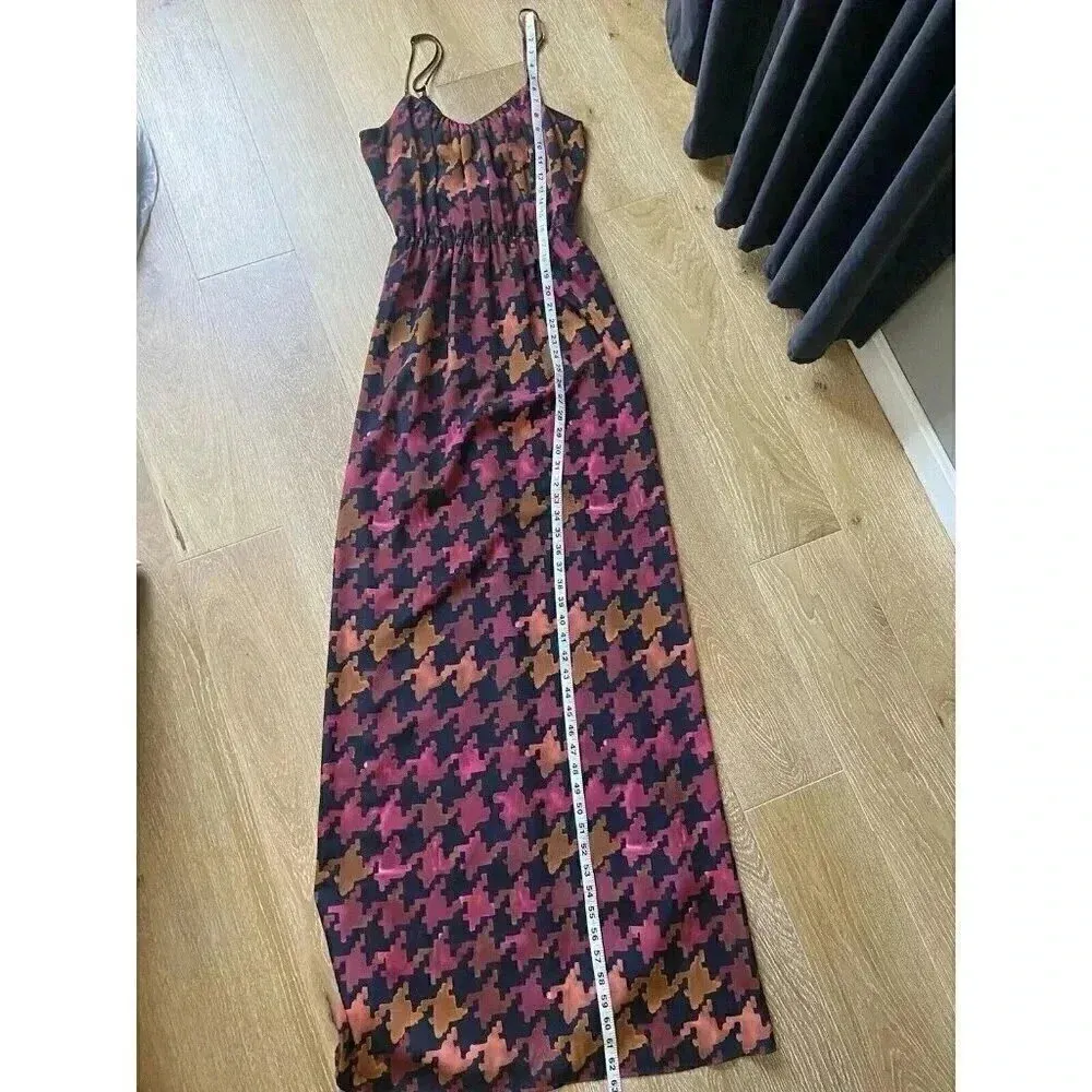 LAVENDER BROWN Orange Pink Burgundy Fall Houndstooth Maxi Dress Size S Small - Image 9