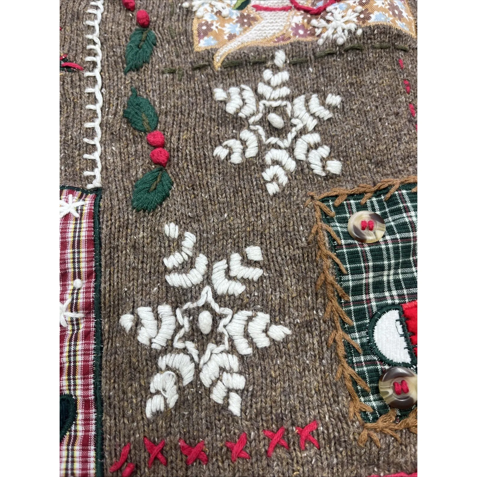 VTG B.P. Design Patchwork Embroidered Christmas Sweater Women's Sz Medium Brown - Image 10