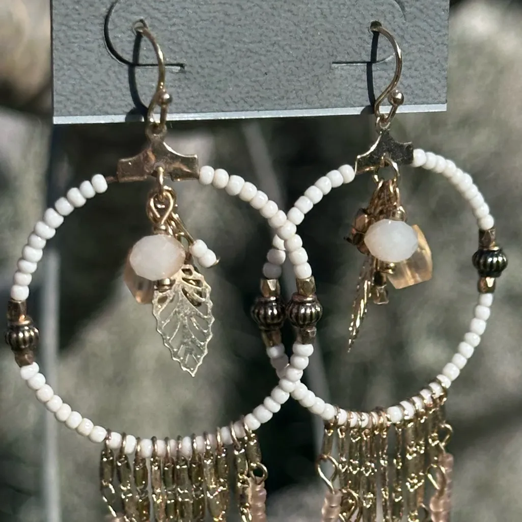 Express Boho Beaded Hoop Earrings White Gold Leaf Charm Dangle Statement - Image 3