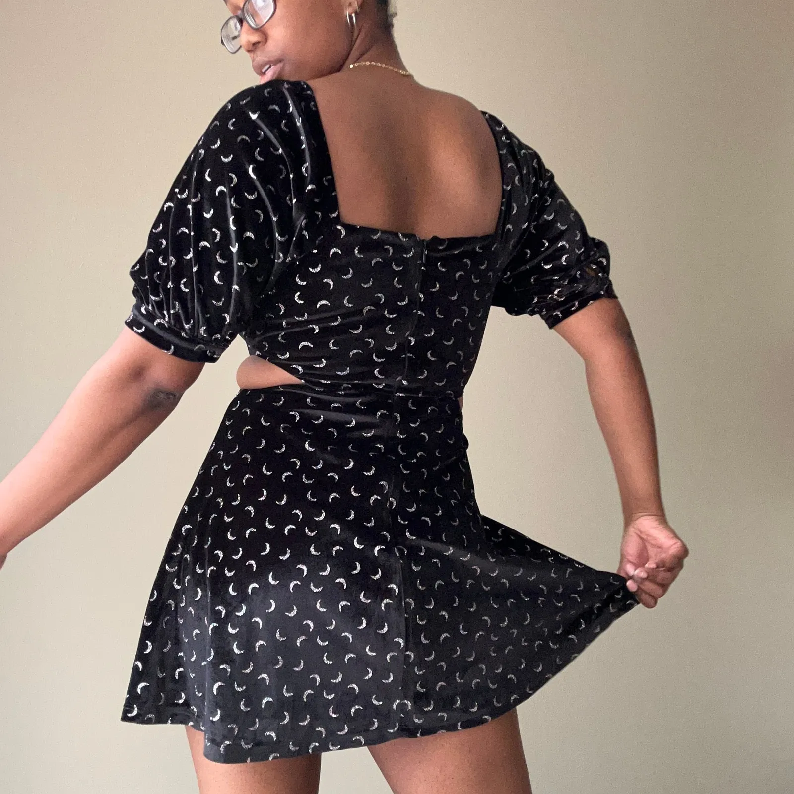 Altar'd State Black Velvet Silver Sparkly Crescent Moon Cutout Dress Size Small - Image 3