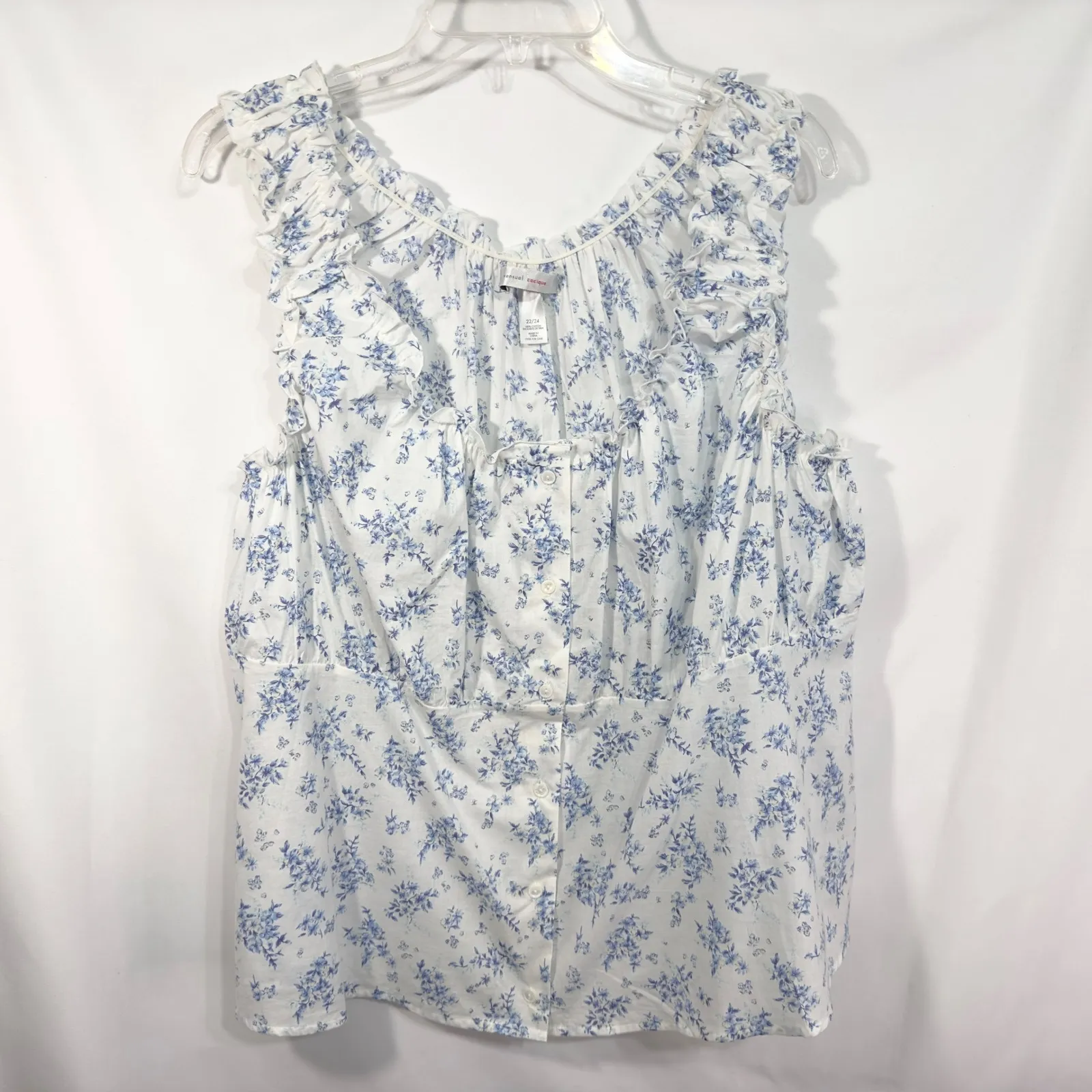 Cacique Plus Size 22W 24W Pajama Set‎ White Blue Floral Sleeveless Cotton 579 - Image 3