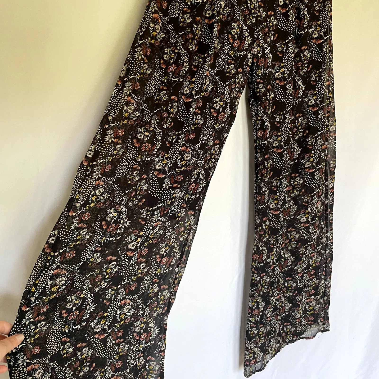 Downeast navy pink floral wide leg flowy pants women's size small lined trousers - Image 2