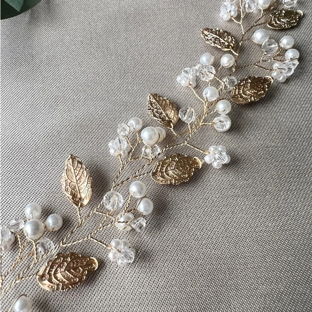 Bridal hair accessories, gold with pearls, flowers and leaves, jewelry, hairband - Image 5