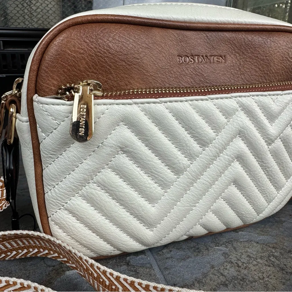 Nola Stylish Quilted Crossbody Bag Beige w/ Brown Vegan PU Leather - Image 3
