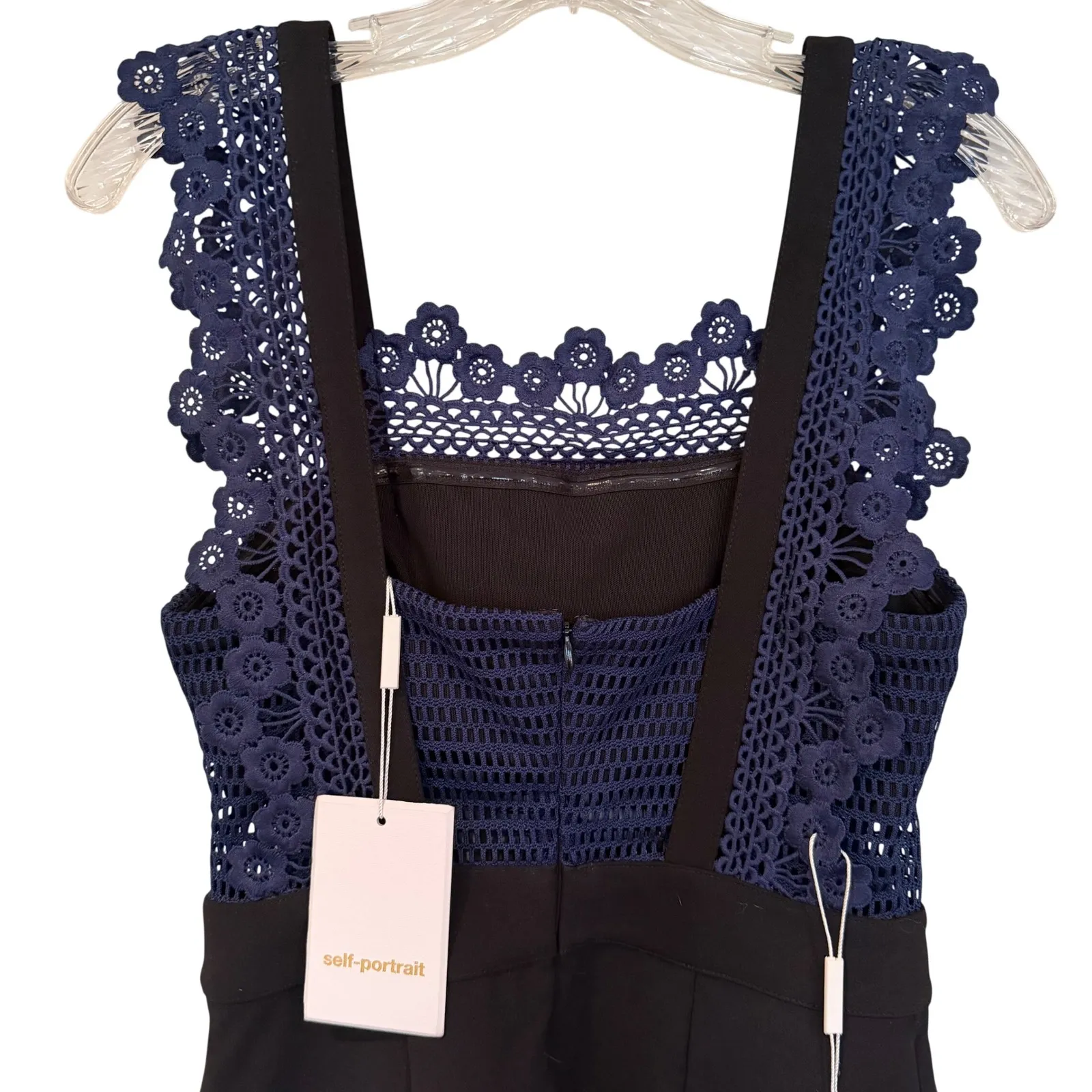 Self-Portrait Angelique Frilled Split Front Dress Women's 4 Black Navy Luxury - Image 9