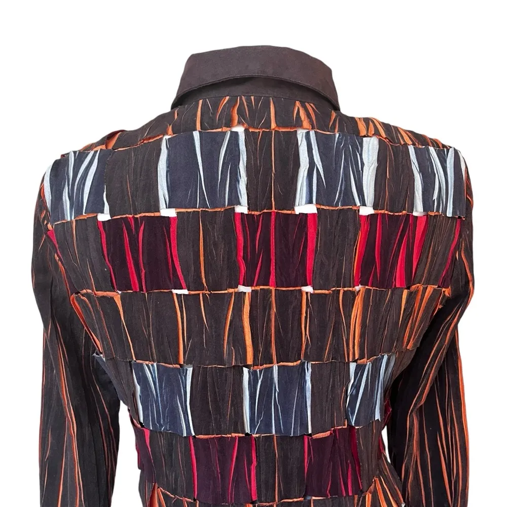 Vintage Fantazia Faux Suede Weaved Shredded Button Down Shirt Brown/Multi, Sz S - Image 10