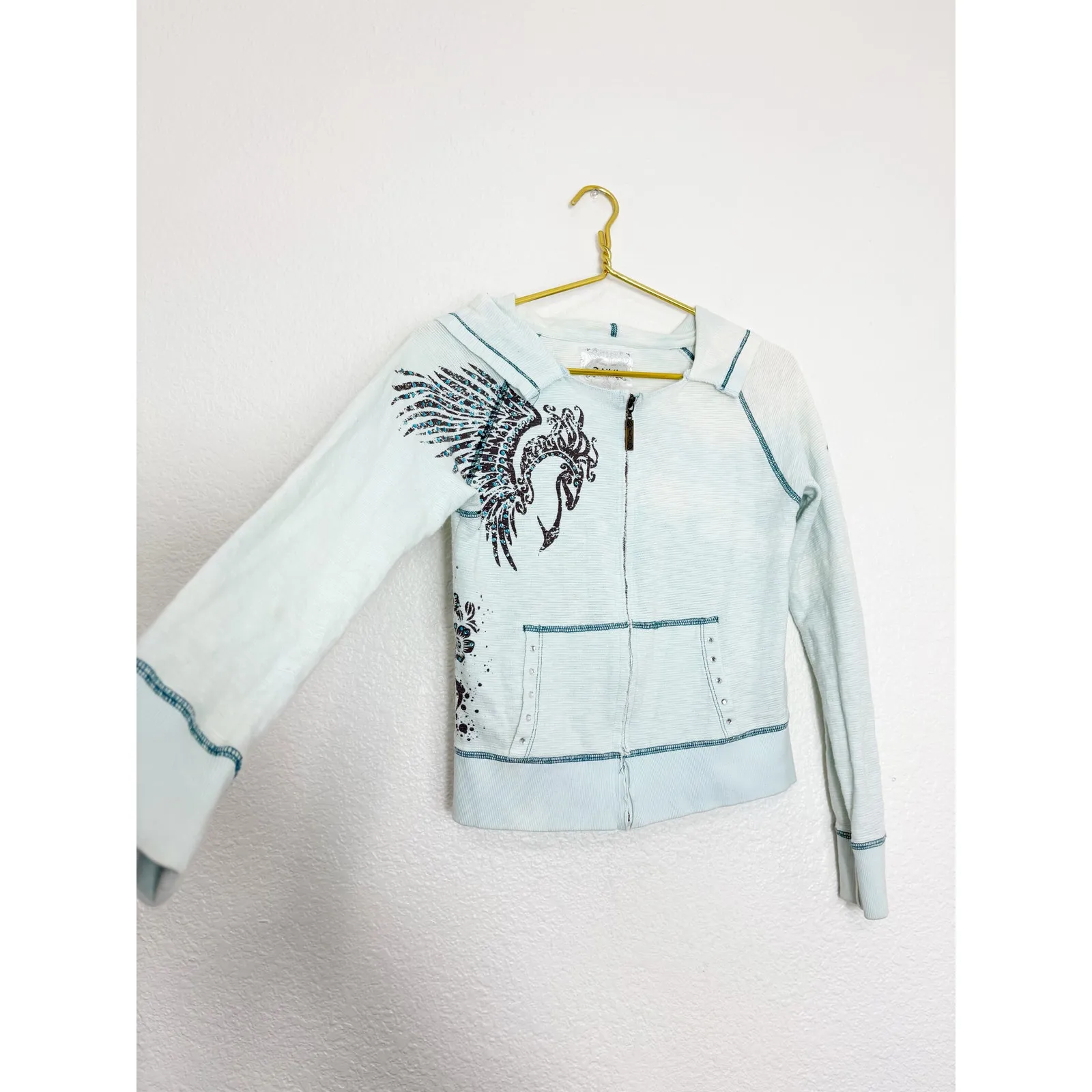 Vintage Y2K Adiktd Blue Rhinestone Euro Zip Up Hoodie Size Small Emo Grunge 90s - Image 11