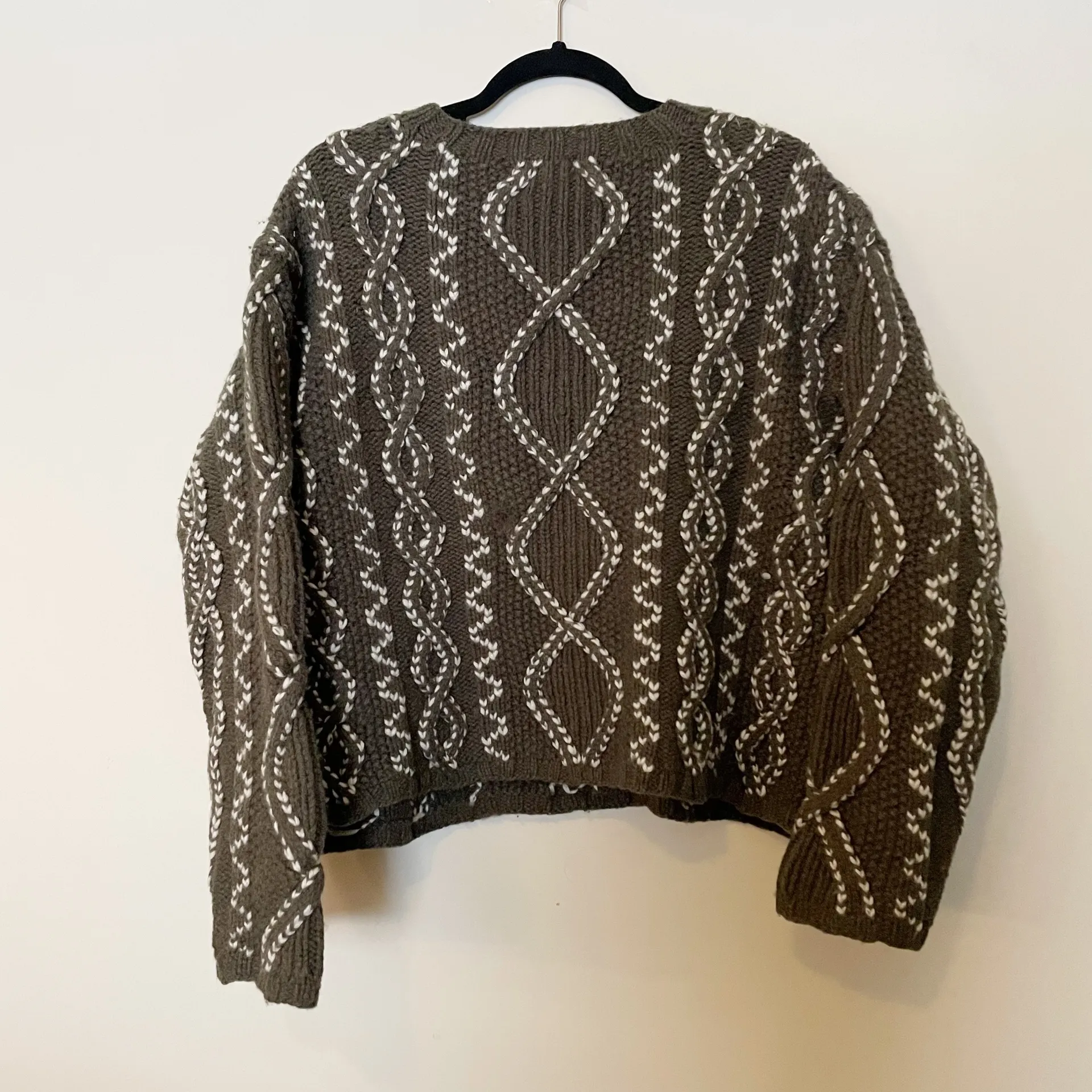 INC Green and White Cabincore 100% Wool Cable Knit Heavy Weight Sweater - Image 2