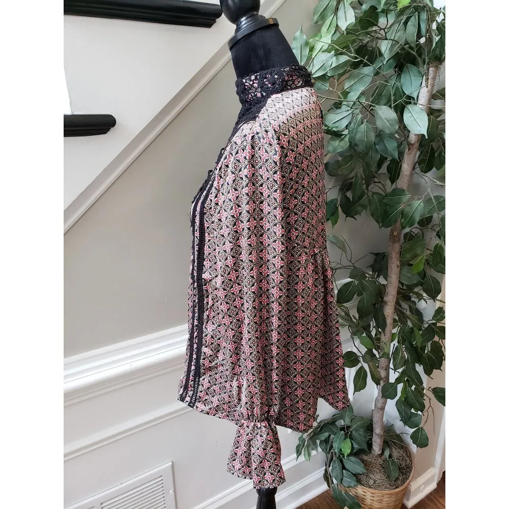 Taylor & Sage Top Blouse Womens Size Small Black Geo Print Long Sleeve Mock Neck - Image 12