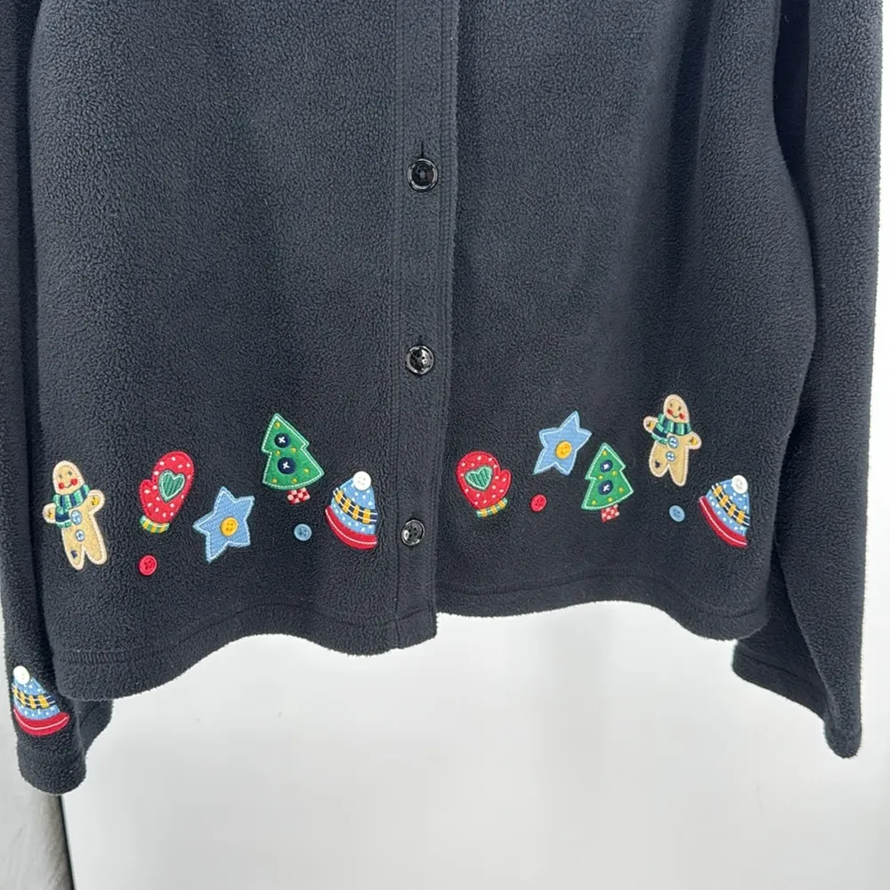 Croft & Barrow Black Fleece button front cardigan XL winter holiday felted patch - Image 3