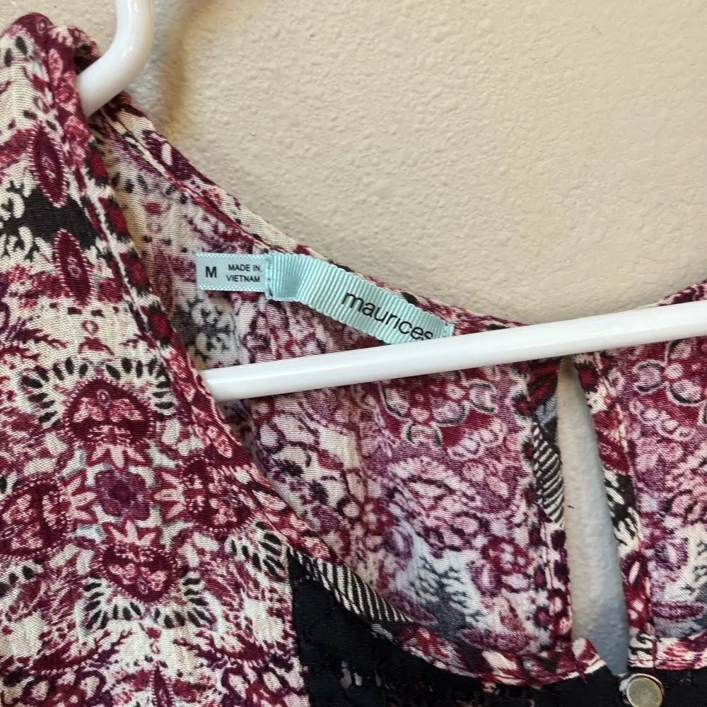 Maurices Women’s Burgundy Bohemian Floral Print 3/4 Sleeve Tie Back Mini Dress M - Image 7