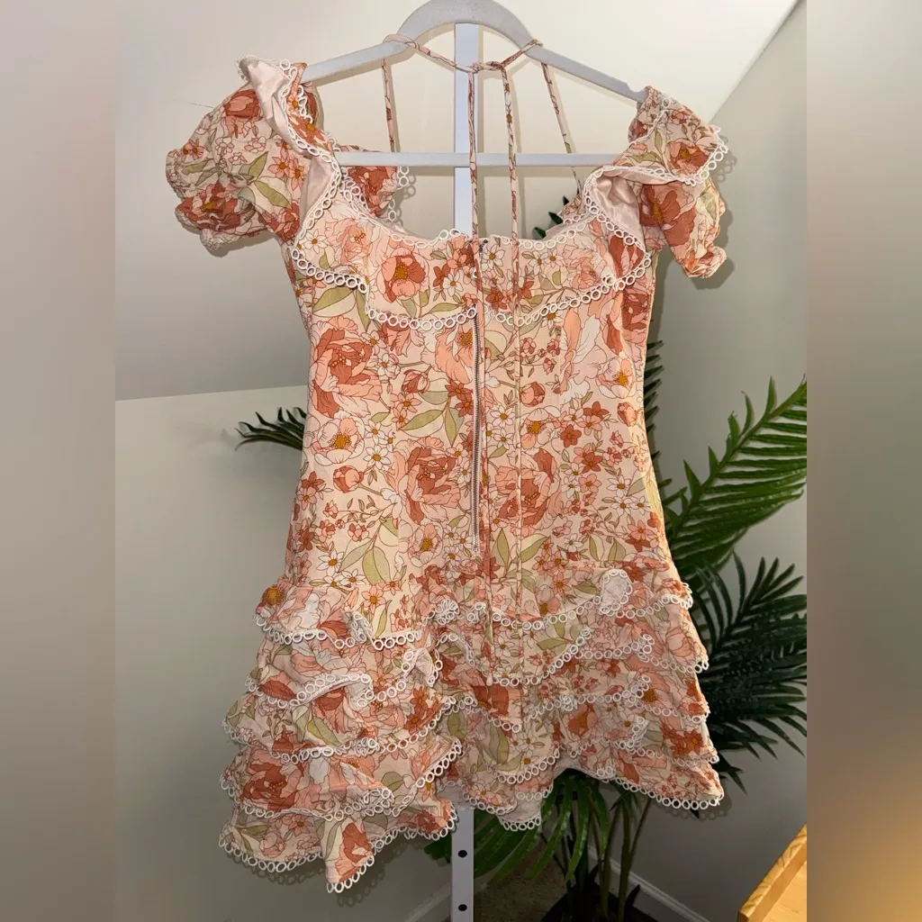 Bardot Caitlyn‎ Peach Floral Off-the-Shoulder Ruffle Tiered Mini Dress Medium - Image 5