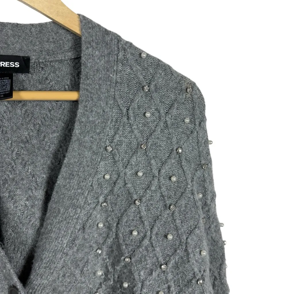 Express Embellished V-Neck Balloon Sleeve Cardigan in Grey Size XS - Image 7