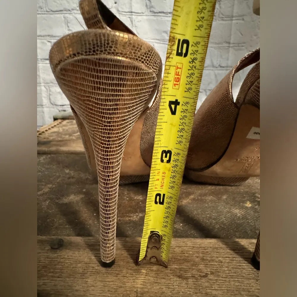 Gina Metallic Gold Lizard Embossed Leather Platform Peep Toe Slingback Sandals Size 6 - Image 8