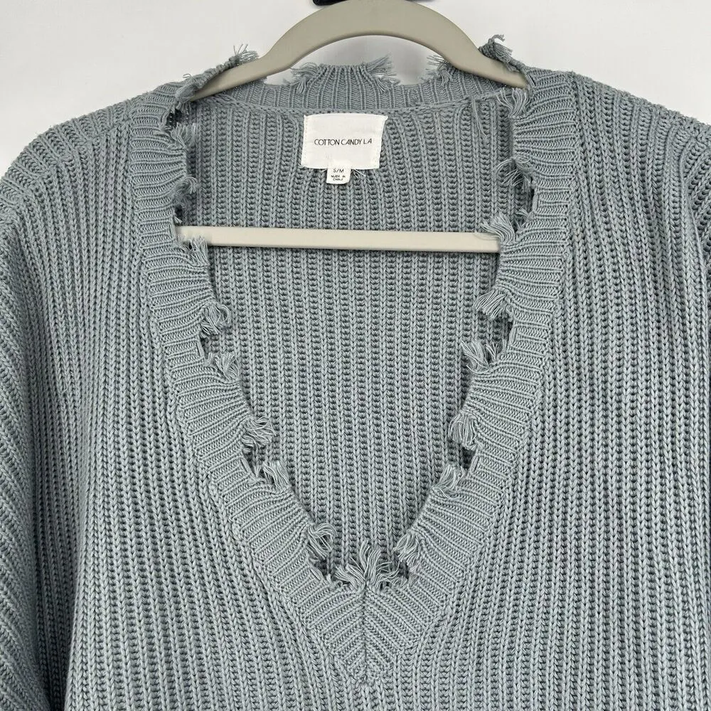 Cotton Candy LA Cropped Oversized Sweater Ribbed Knit Blue Raw Hem Size S/M - Image 2