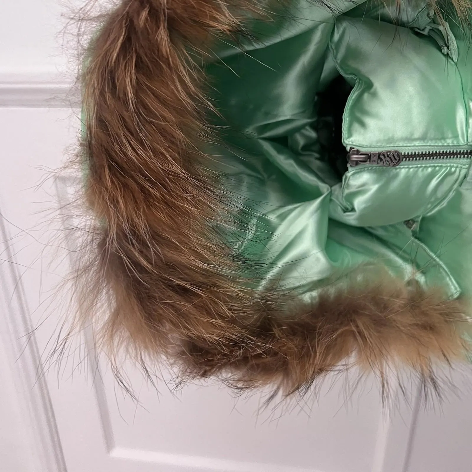 NWT Vintage ROCAWEAR Puffer Jacket Womens XS Y2K Mint Green Fur Hood Pom Pom New - Image 5