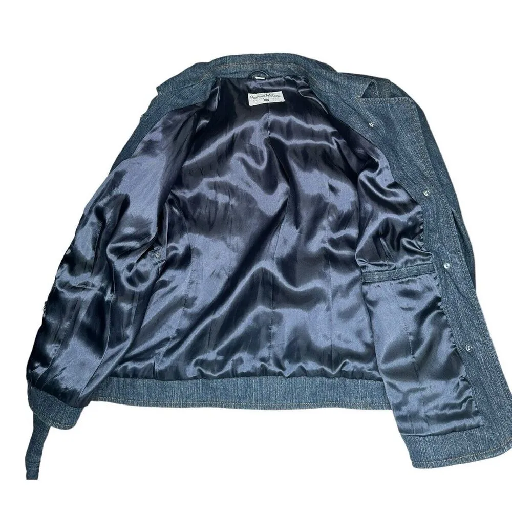 Pamela McCoy Animal Print Trim Embellished Bling Button Blue Denim Jean Jacket M Size M - Image 14