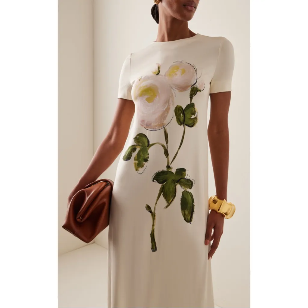 Oscar de la Renta Painted Rose Stretch Jersey Maxi Dress Ivory Size 10 NWT - Image 4