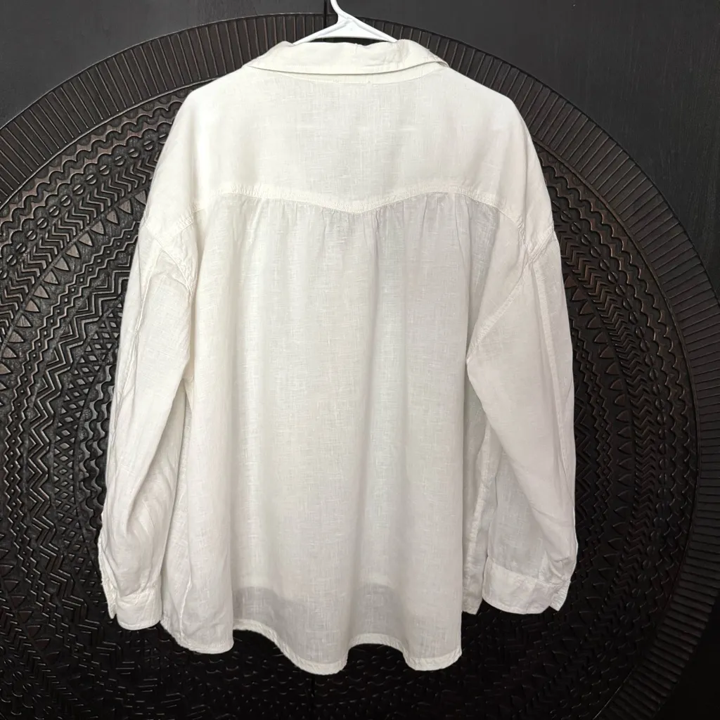 Sundance Collared Long Sleeve Linen Top XL Lagenlook Coastal Boho Relaxed White - Image 10