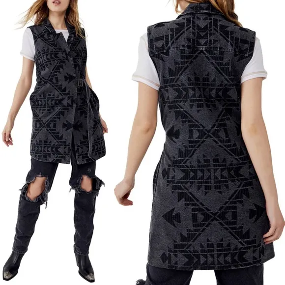 Free People Geometric Longline Wrap Belted Denim Vest Gray/Black Size XS NEW - Image 2