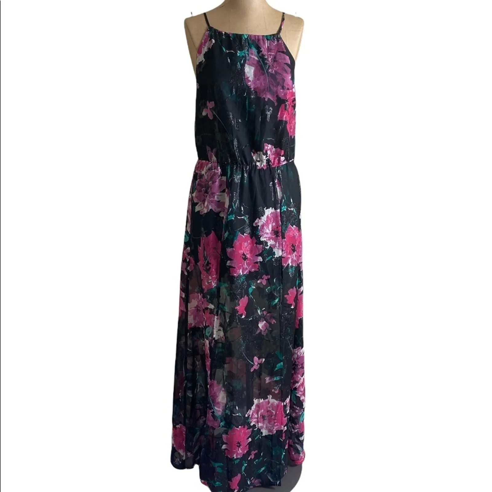 Tularosa Maxi Dress Pink Floral Spaghetti Strap Halter Black Sheer - Image 4