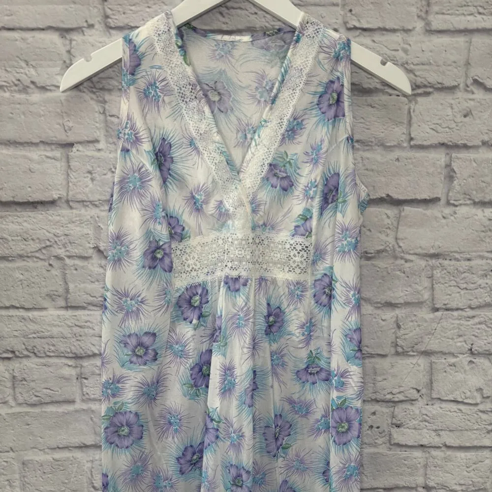 Vintage Figurfit Midi Nightgown Size S Purple White Floral Sleeveless Crochet - Image 3