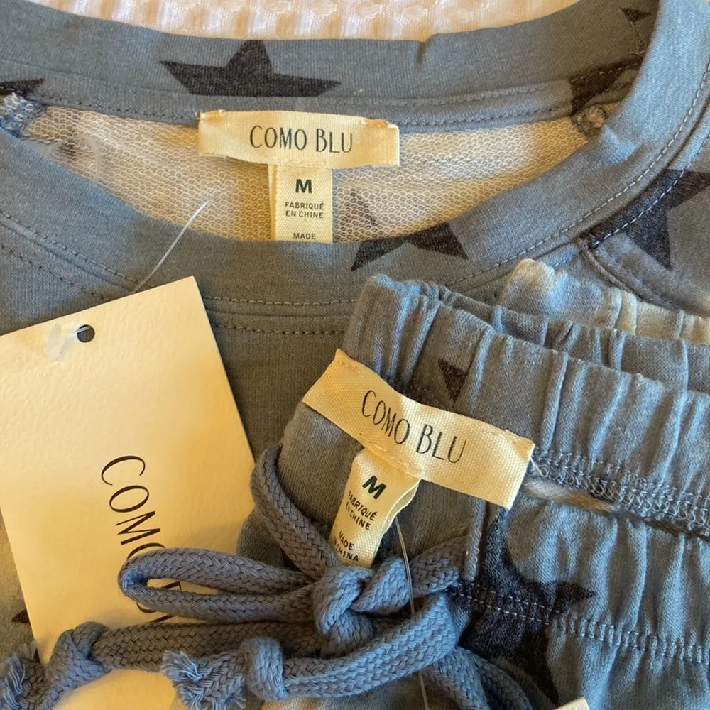 NEW! COMO BLU Loungewear Pajama Set Short Sleeve Top Joggers Sweats Blue Stars M White Size M - Image 7