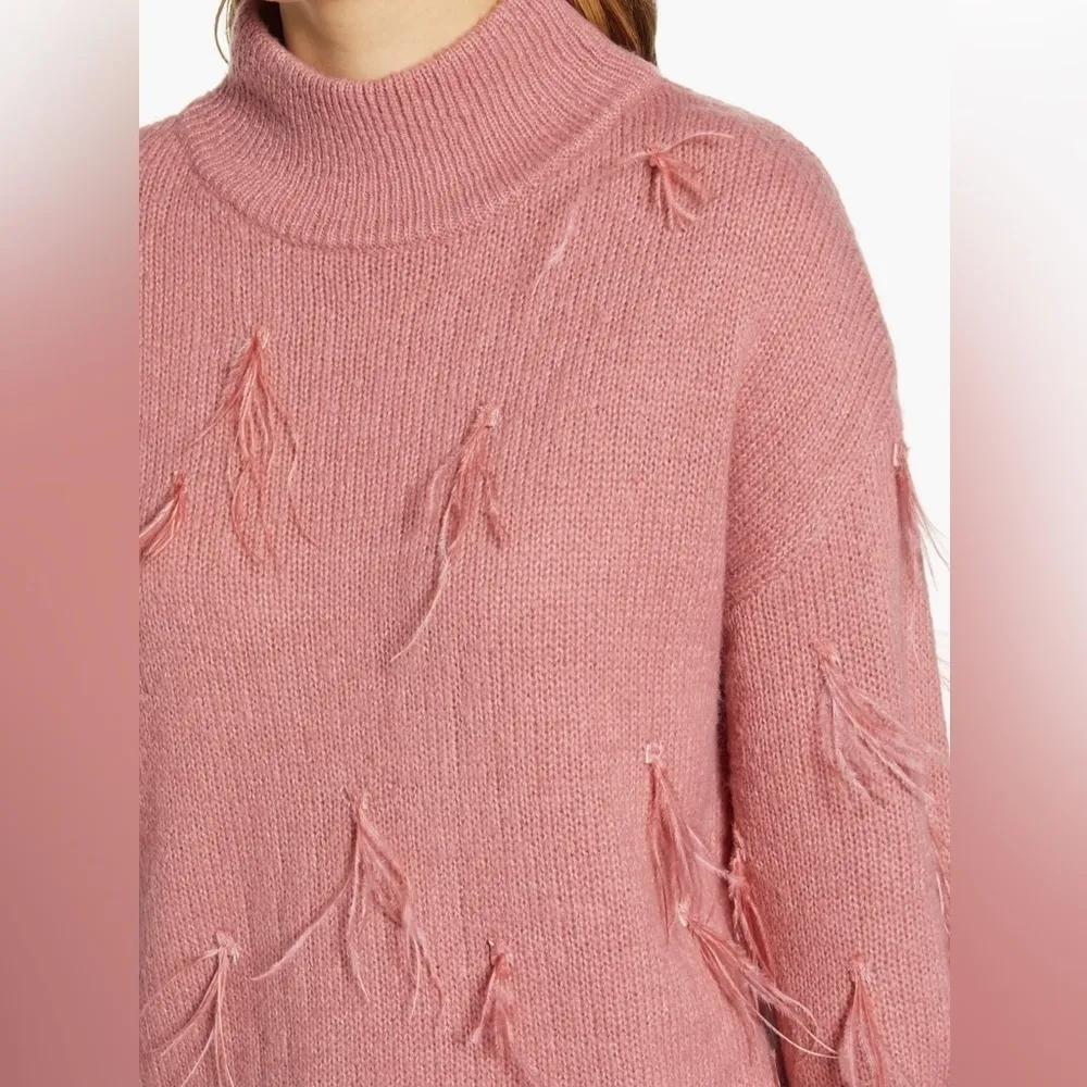 Rachel Parcell Ostrich Feather Trimmed Mock Neck Sweater, blush pink, size M - Image 3