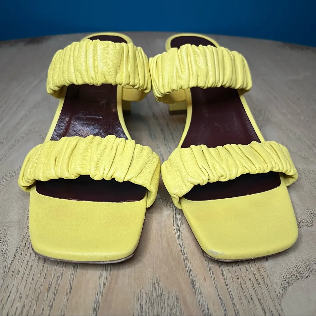 Staud Frankie Ruched Leather Block Heel Sandals Mules Yellow Size 37 Womens 7 - Image 5