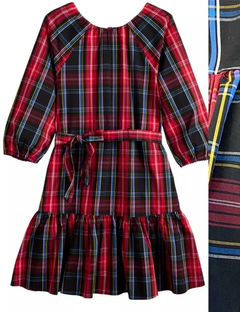 Draper James RSVP Long Sleeve Tiered Bow Back Dress Holiday Plaid Ruffle Belted - Image 4